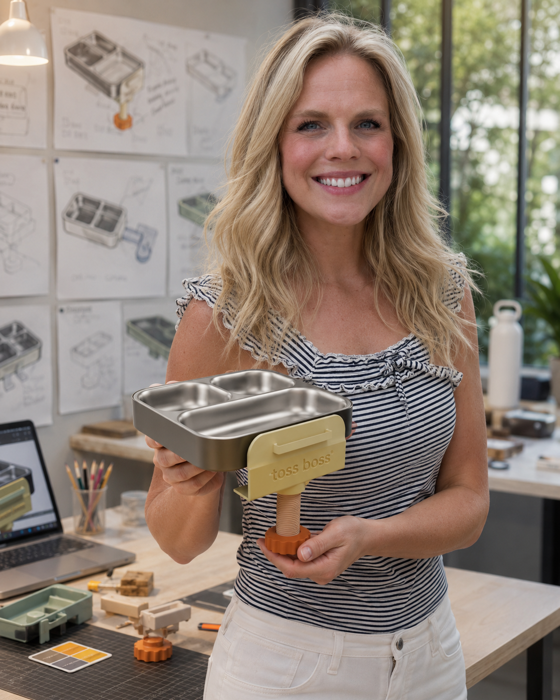 Breanna, the inventor of Toss Boss, holding the clamp-on plate