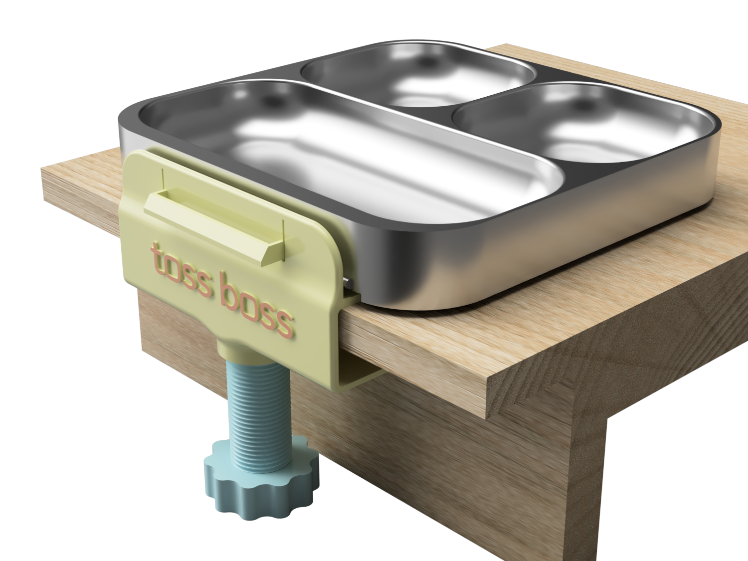 Toss Boss stainless plate clamped to a wooden table edge