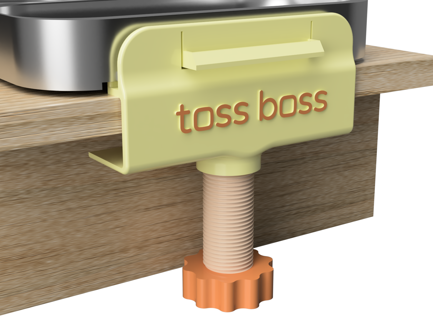 Close-up of the Toss Boss clamp base gripping a table edge